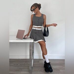 Vest high waisted pleated a line skirt women’s suit Gray Two-Piece Set skirt top